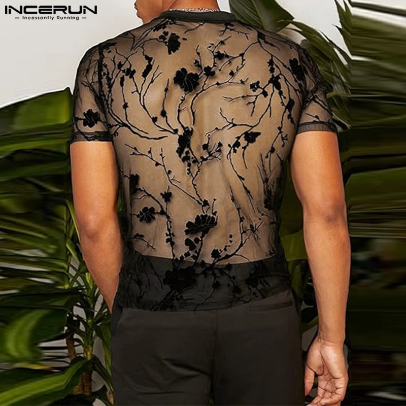 Men T Shirt Mesh Striped O-neck Short Sleeve Transparent Men Clothing Streetwear Sexy Korean Fashion Tee Tops S-5XL INCERUN 250318