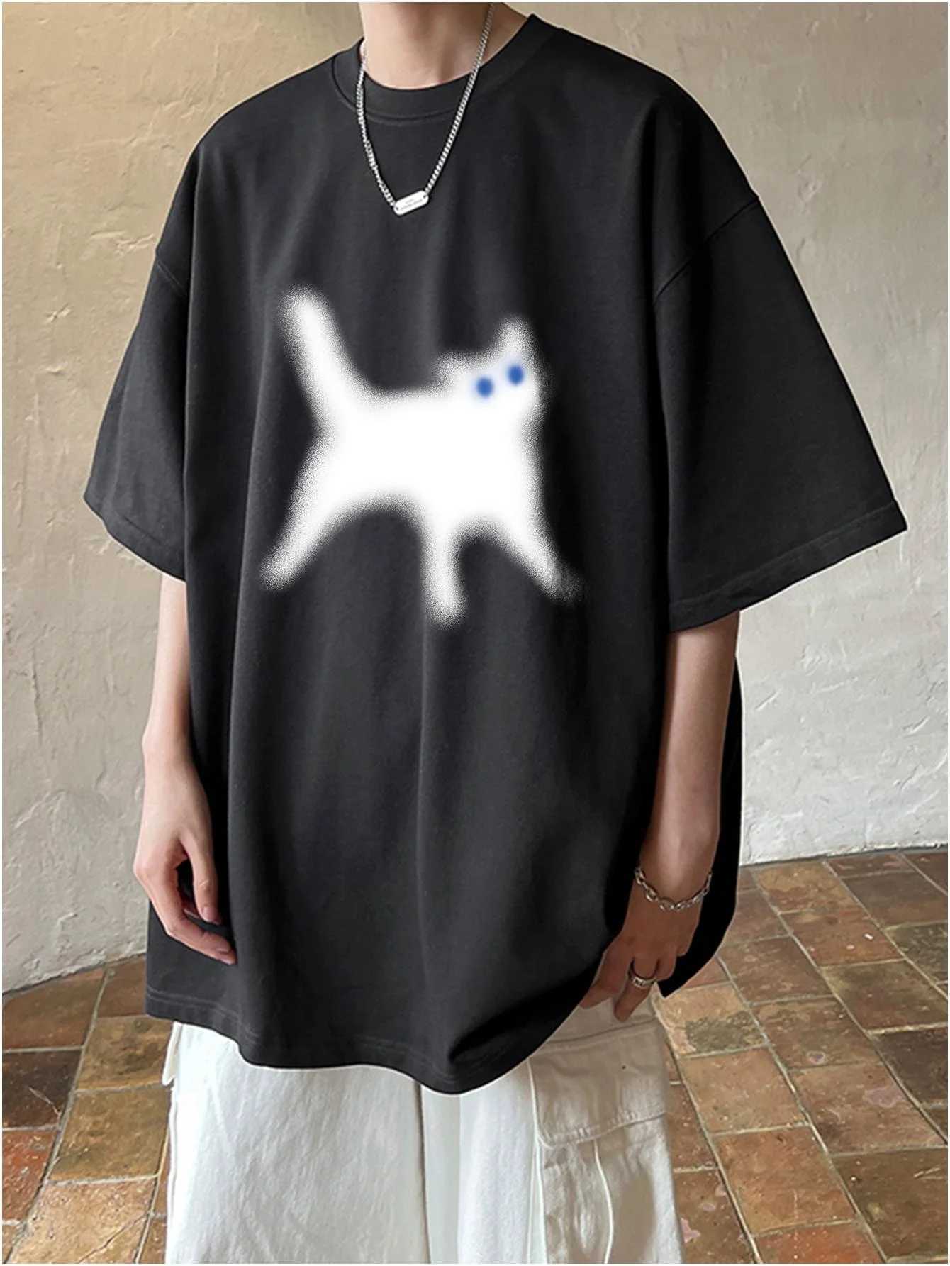 Chic Cat Print Mens T-shirt Fashion Loose Clothing Summer New Designer Brand T-shirt O-neck Mens Cotton Short sleeved TopT250318