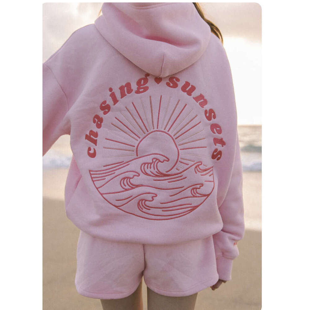 new European style women's shoulder sleeve thread ChasingSunsets brand hoodie hooded sweatshirt can be embroidered