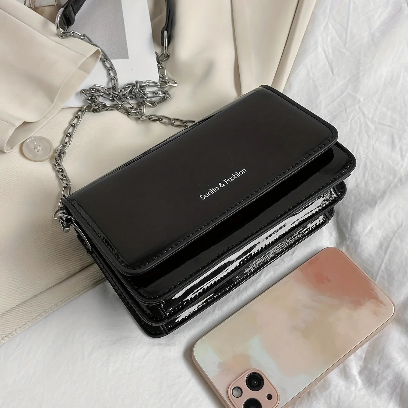 2025 New PU Leather Mini Crossbody Bag for Women 2 Compartments Flip Rectangle Shape Shoulder Bag/Chest Bag Silver Black R250318