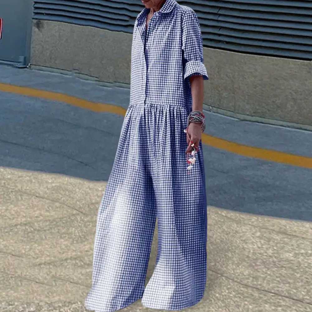 Soft Jumpsuit Stylish Check Print Womens Jumpsuit with Long Slves Wide Legs Casual Loose Fit for A Fashionable Look Elastic X250318
