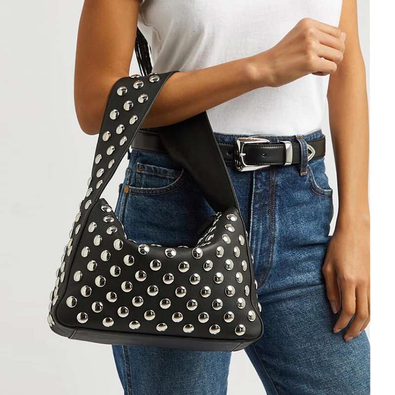 Moto & Biker Rivet Decorate Black Bags For Women Designer Handbag Purses 2024 New Fashion Underarm Wide Shoulder Straps