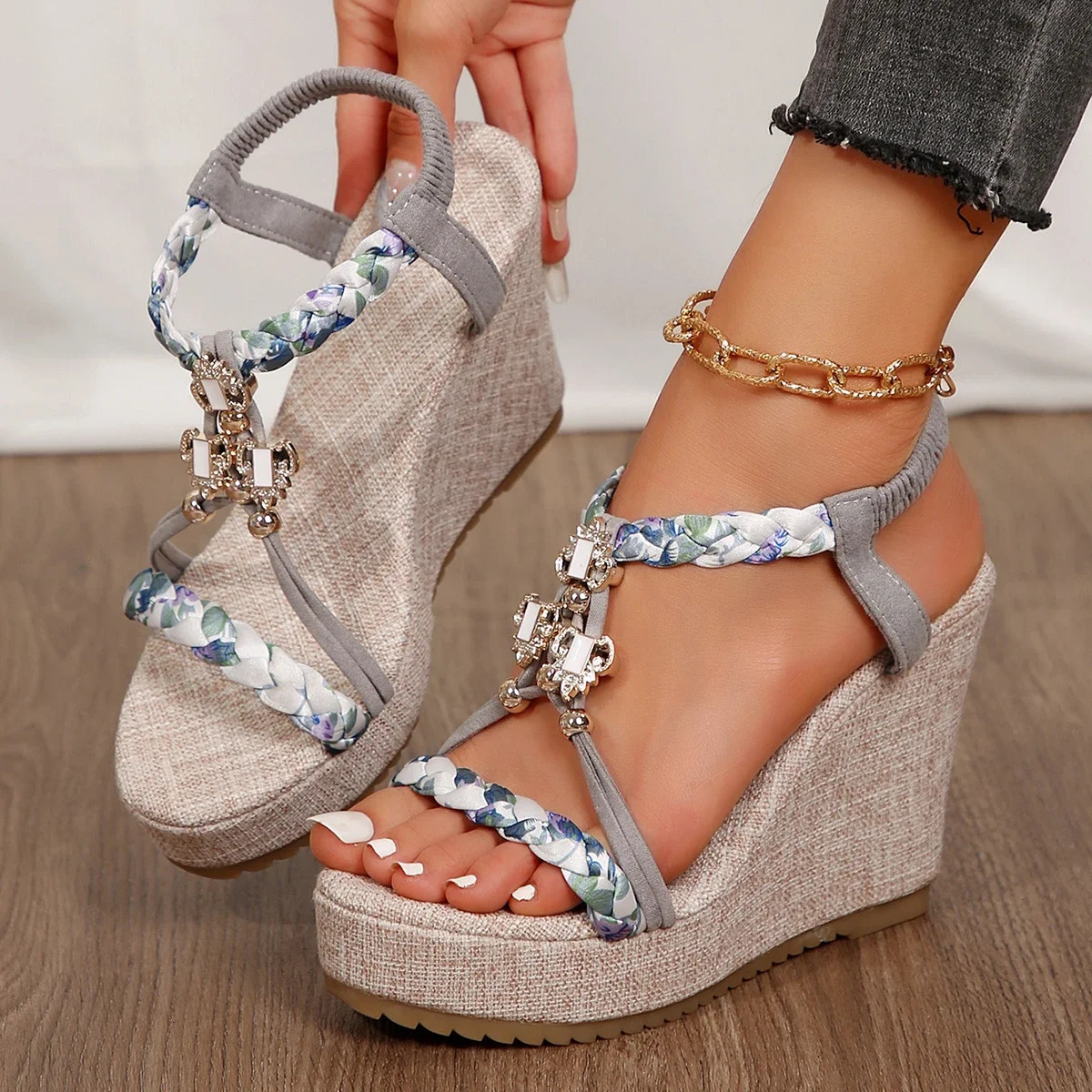 Metal Decor Wedge Sandals for Women Summer 2025 Braided Band Platform Gladiator Sandals Woman Thick Bottom Beach Sandalias Mujer 250318