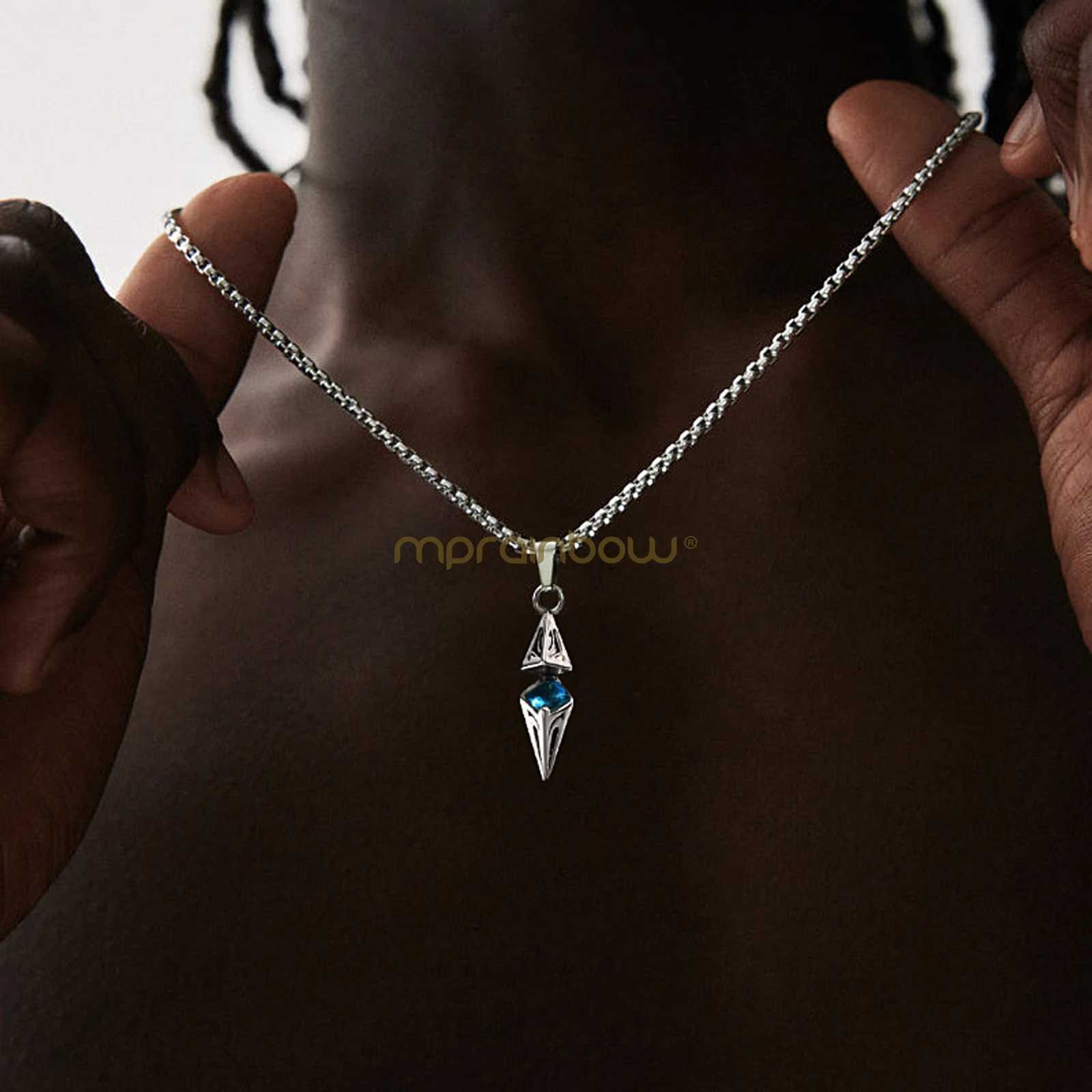 Mens Fashion Blue Stone Necklace Stainless Steel Geometric Pendant Necklace Valentines Day Birthday Party Gift W250318