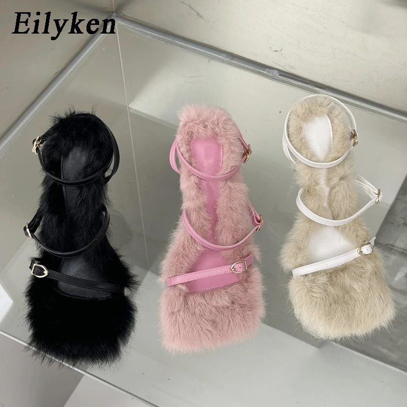 Eilyken 2025 Plush Fur Fuzzy Sandals Women Thin Heels Fashion Square Toe Ankle Lace Up Buckle Strap Slides Shoes 250318