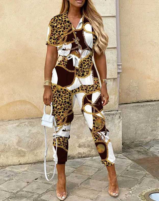 2024 Spring Summer Womens Slim Short Slves Jumpsuits Fashion Turn-down Collar High Waist Leace-up Printed Playsuit Strtwear X250318
