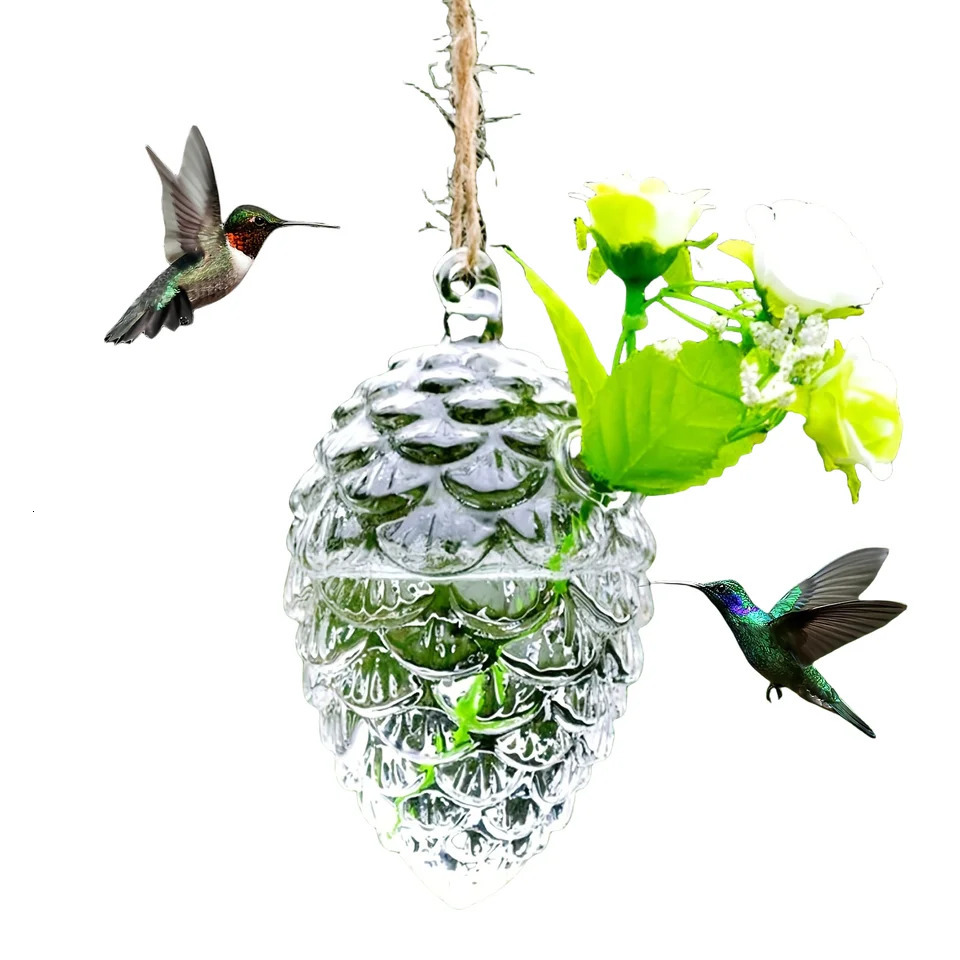 1 glass hummingbird feeder manual blow molded pine cone bird water dispenser outdoor hanging food container garden backyard 250318