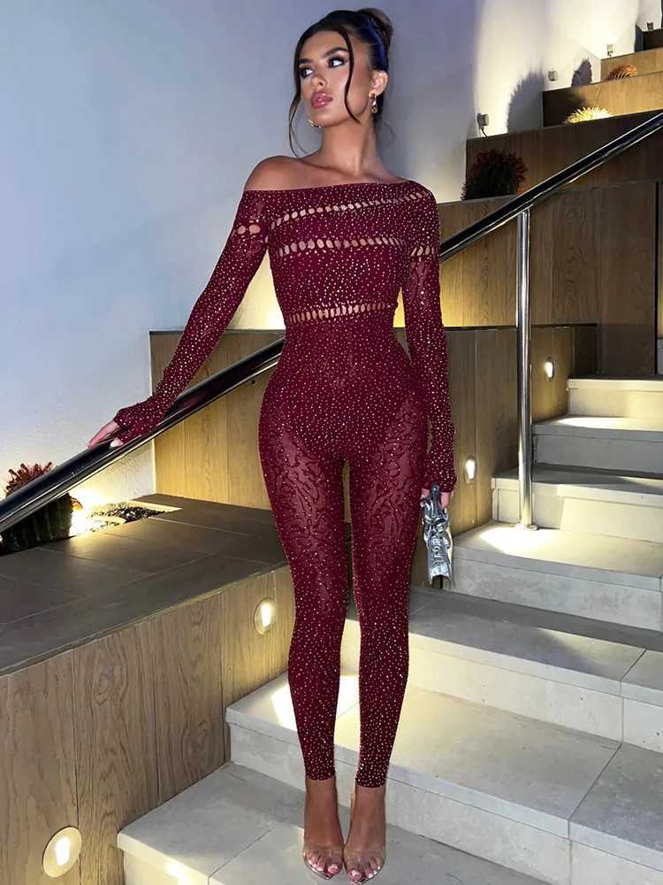 Sibybo shoulder length Slve jumpsuit for women fashionable Rhinestone high stretch hollow sexy top sparkling party jumpsuit X250318