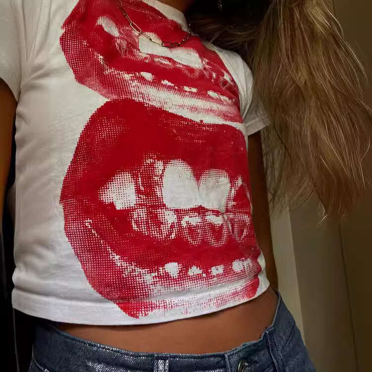 Summer Gothic women's club wholesale lip print short top 2025 new style chic and elegant clothing