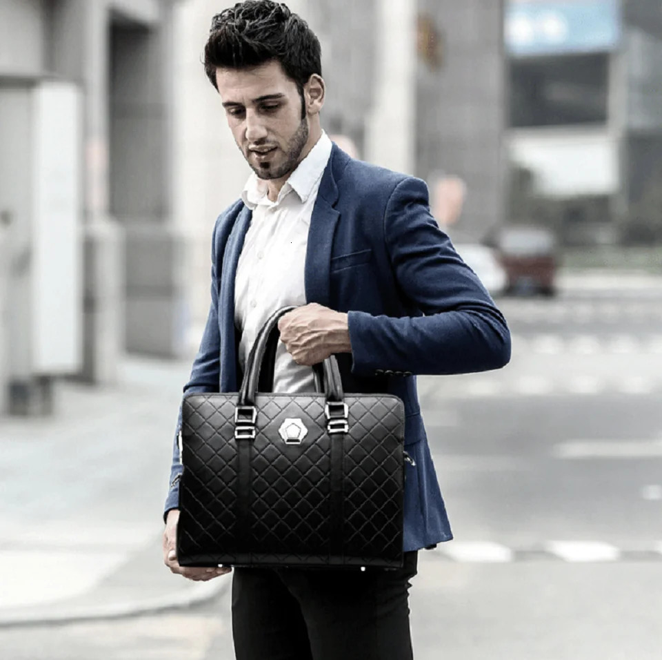 Korean fashion mens high-quality leather business briefcase diamond checkered shoulder bag large capacity handbag notebook bag 250317