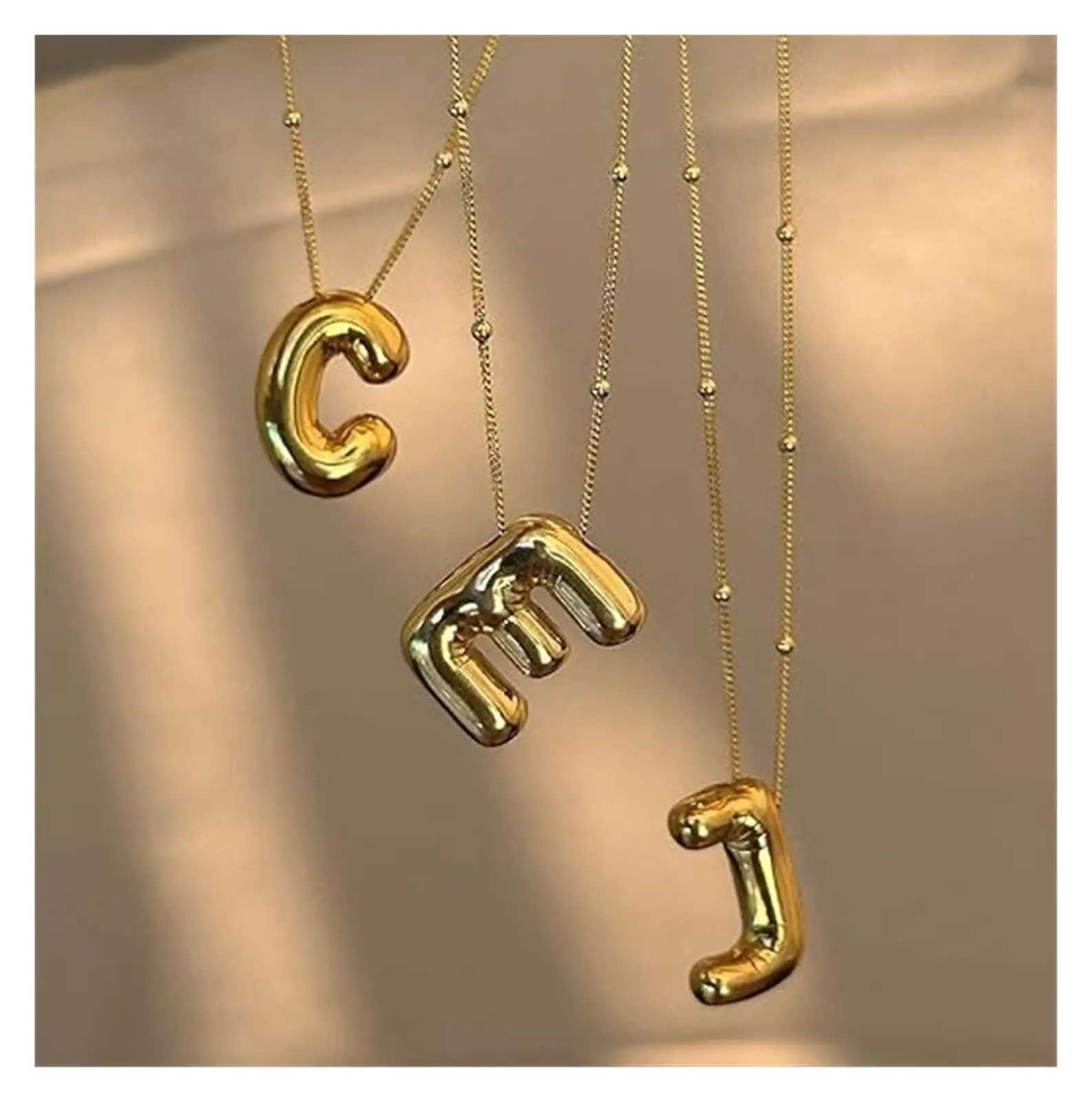 Smooth Stainless Steel Bubble letter Initial Pendant Chunky Women Personality Jewelry Gold Plated Balloon 26 Letter Necklaces W250318