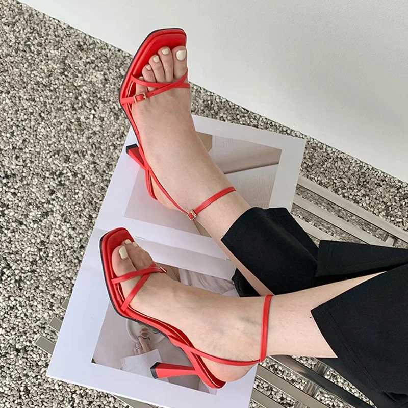 Similar 2025 New Summer Square Toe Wan Sandals Street Style Narrow Band Ankle Buckle Strap Thin High H Wedding Shoes Y250317