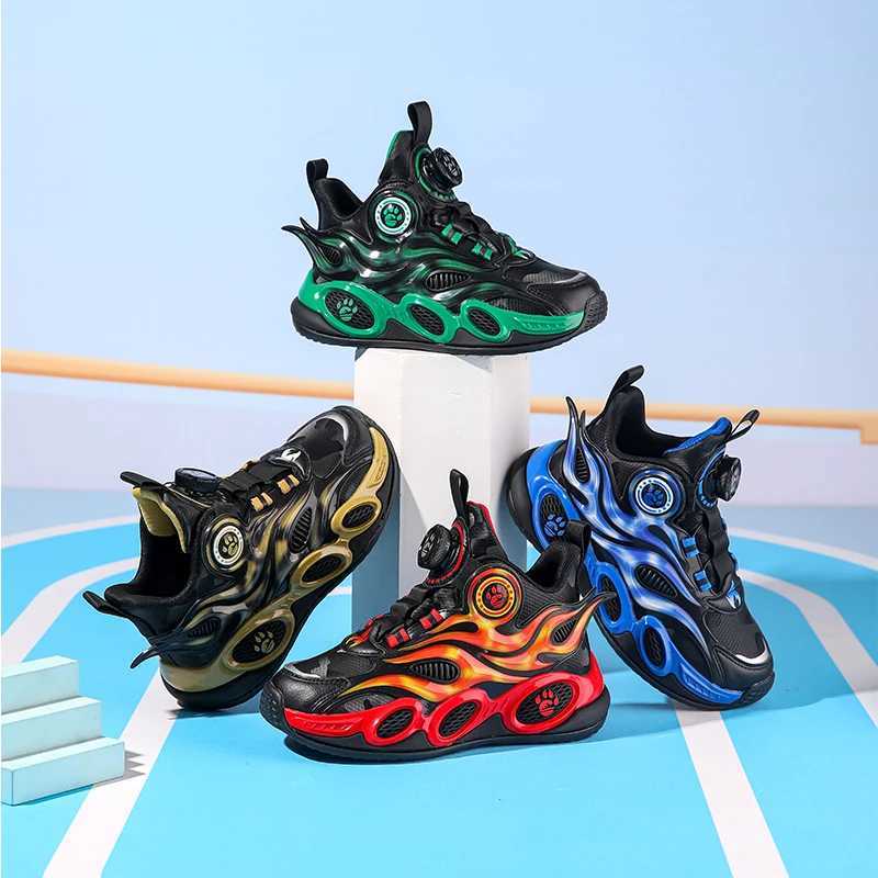 Childrens shoes autumn new waterproof leather rotating buckle flame basketball shoes sport casual shoes W250318