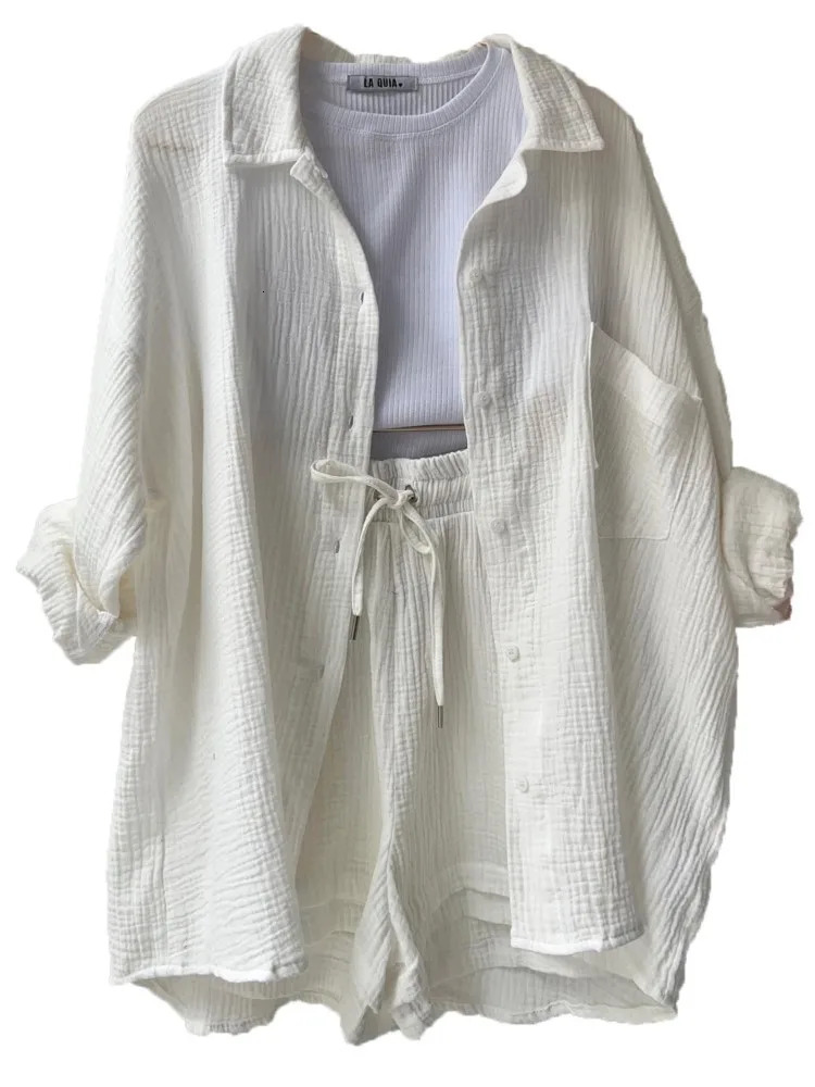 Two Pieces Womens Summer Sets Muslin Blouse Shirt And Shorts Set 2 Piece Beach Outfit Suit Two Piece Simple Female Clothing250312