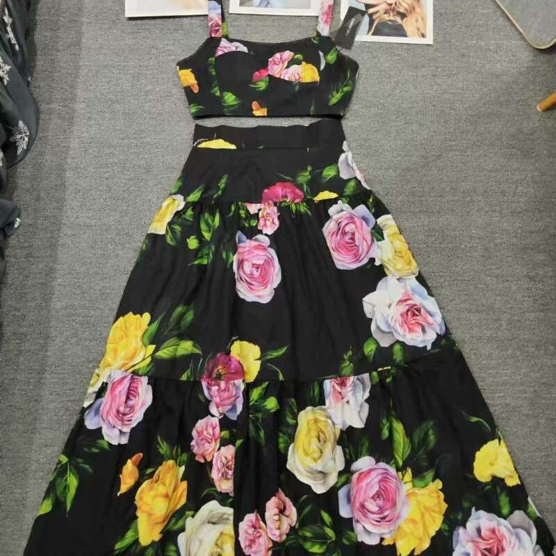 High End Dress With Fashionable Suspender And Floral Detailing