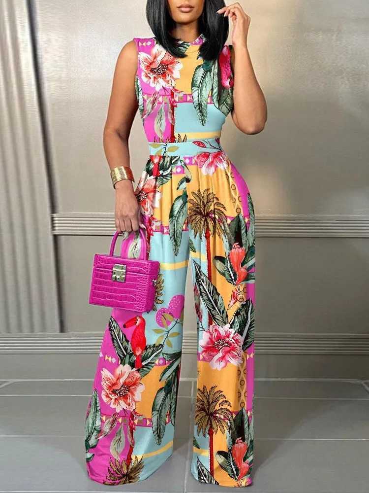 Elegant womens wide leg long Juumpsuit 2024 spring/summer fashion print sleeveless casual holiday bodysuit Trouser X2503181