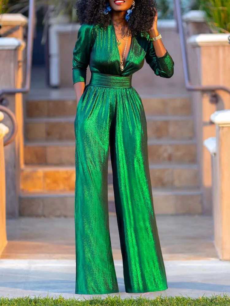 Yzzi 2025 new spring shiny womens high waisted jumpsuit fashionable and sexy Dp V-neck wide leg party dance one-piece set X250318