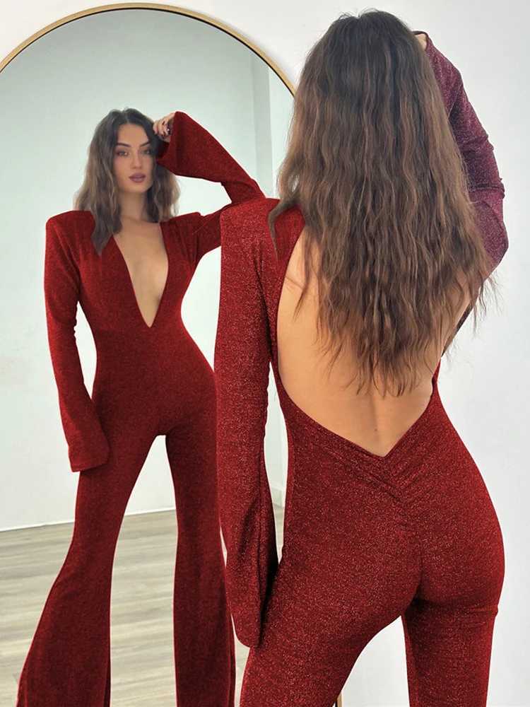Sibybo Dp V Neck Backless Jumpsuit For Women Fashion Long Slve Shiny Slim Flare Pants Rompers Strtwear Sexy Party Overalls X250318