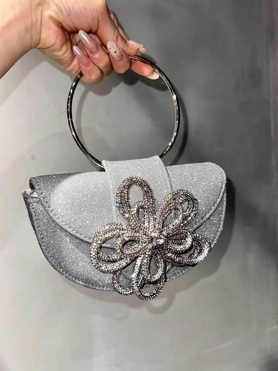 Metal Ring Handle Half Moon Glitter Shiny Evening Women's Handbag Wedding Party Clutch Purse Shoulder Crossbody Bag