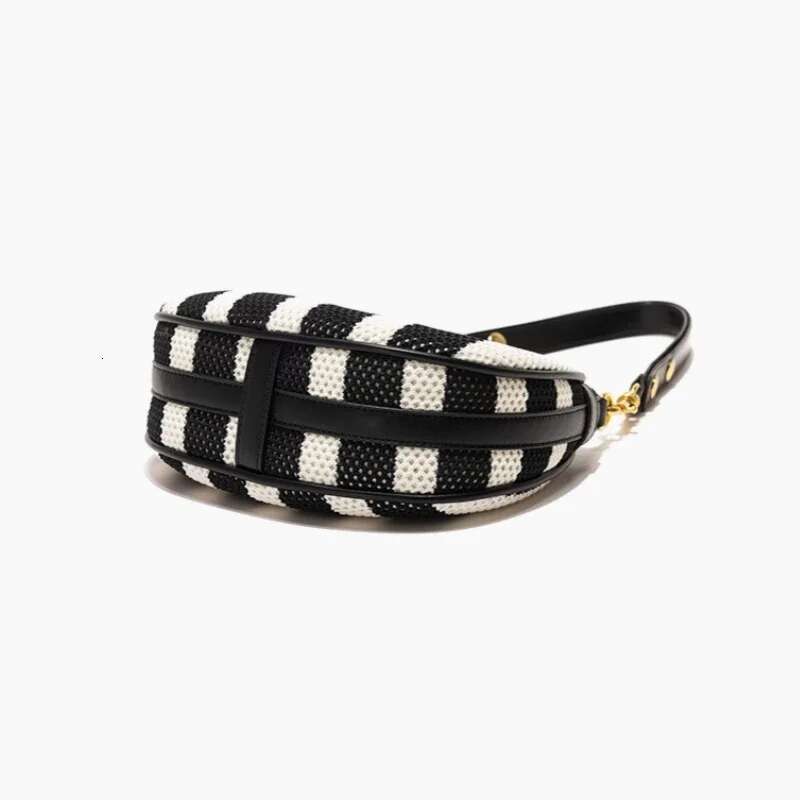 Meet You Women's Half Moon Hobo Simple Black White Color Contrast Stripe Armpit High Quality Seaside Beach Shoulder Bag