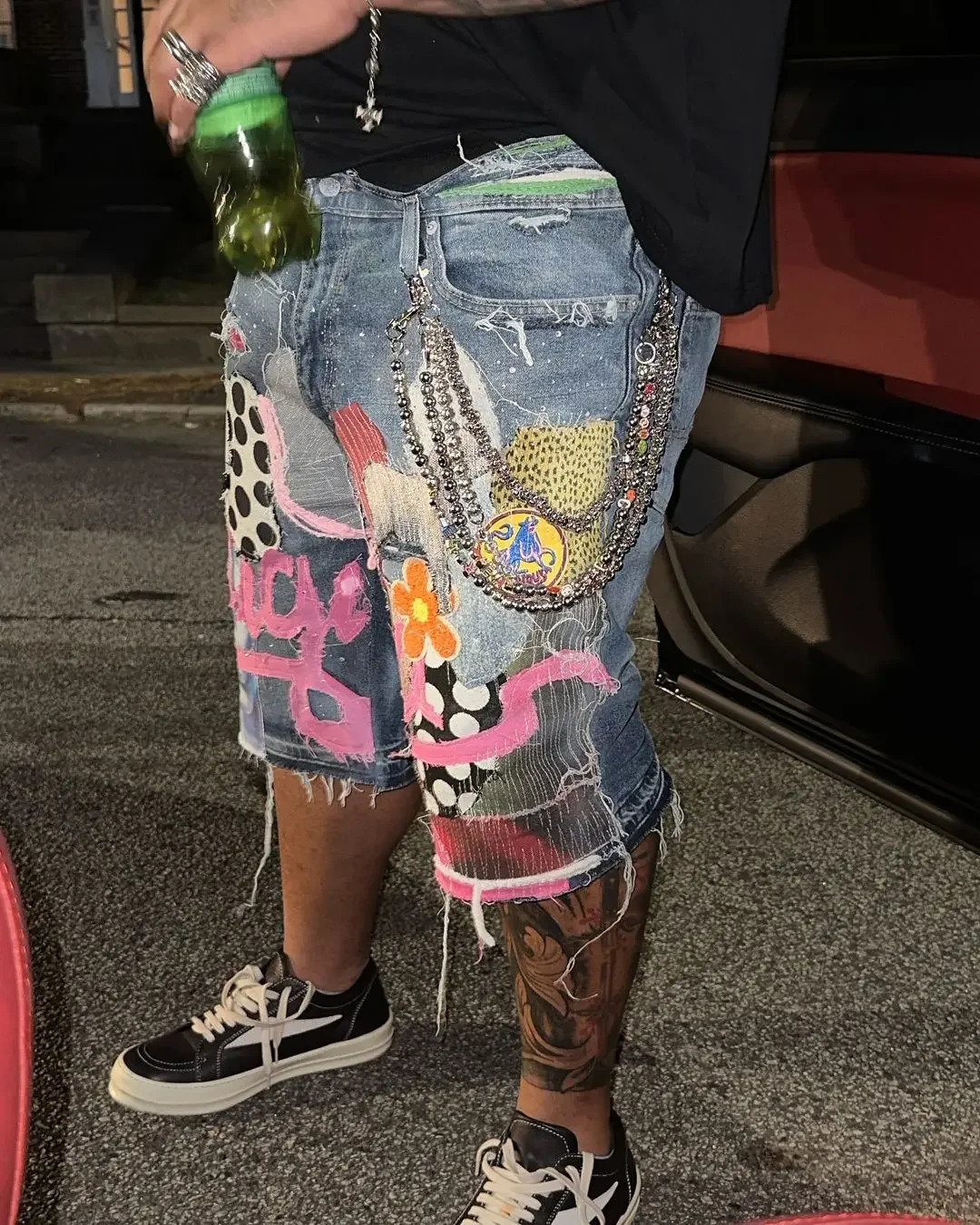 Gothic punk skull letter pattern patch work shorts mens Y2k streetwear pants hiphop fashion denim summer s 250317