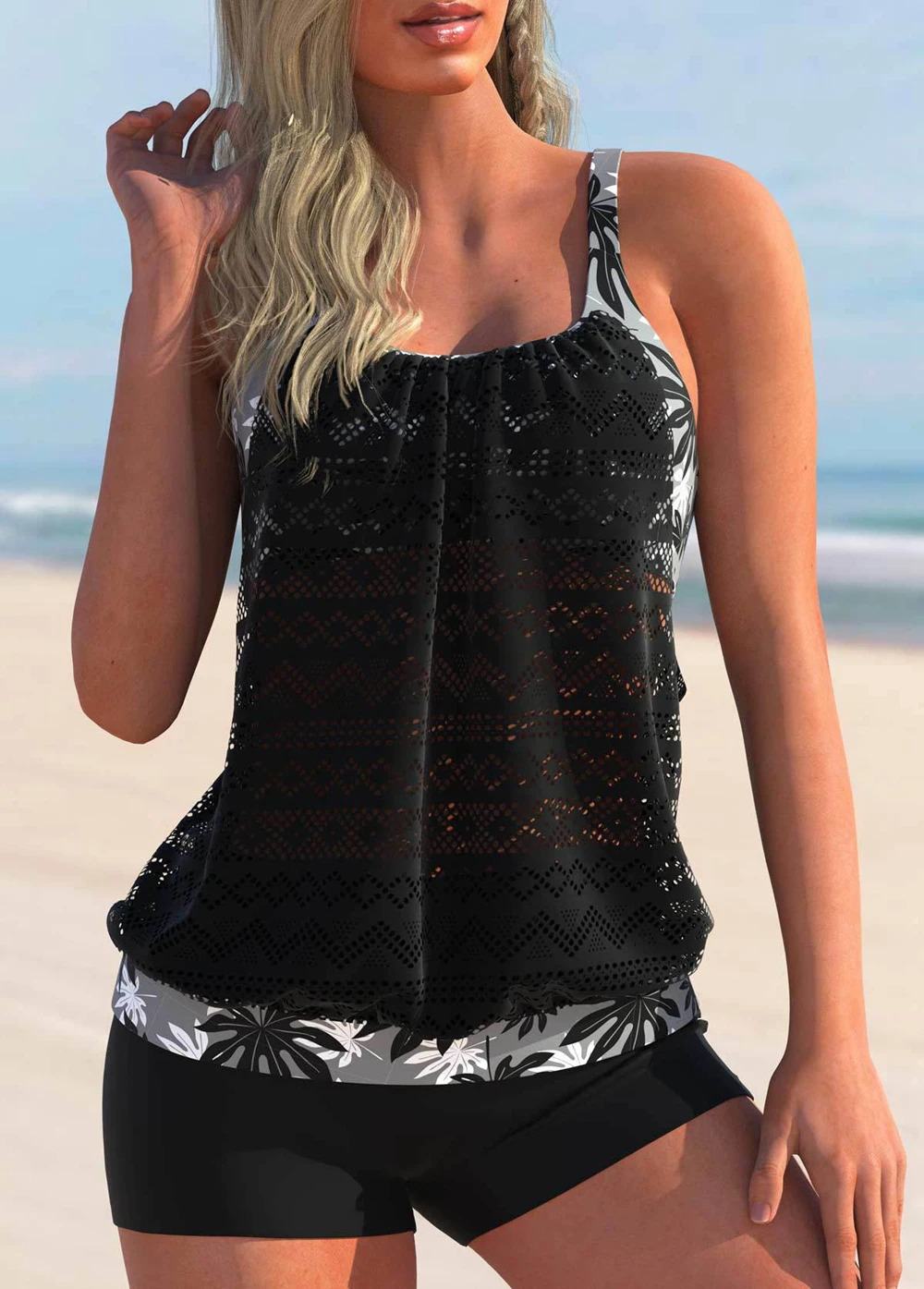 Tankini Women Swimming Two Piece Suit Beach Swimsuit Plus Size 5XL Mesh Solid Tank Tops PrintSolid High Waist Trunks 250314