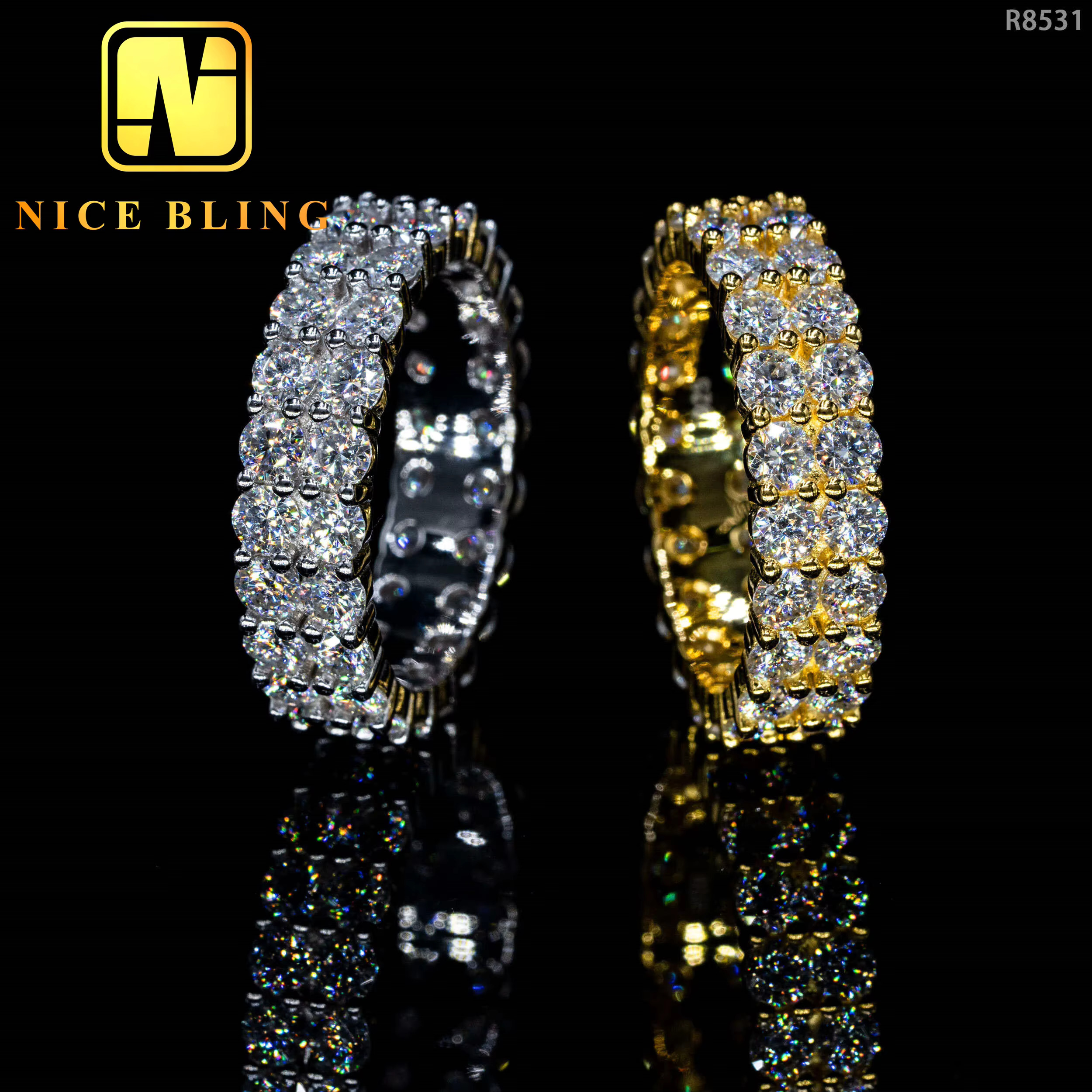 Iced Out Hip Hop Ring Jewelry Double Row VVS Moissanite Diamond Band Ring for Men