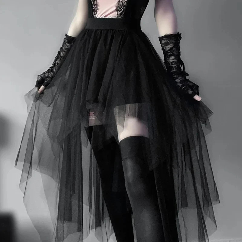 Sexy Net Yarn High-Waisted Irregular Skirt for Women Summer European and American Gothic Style Versatile Casual Skirts Punk 250318