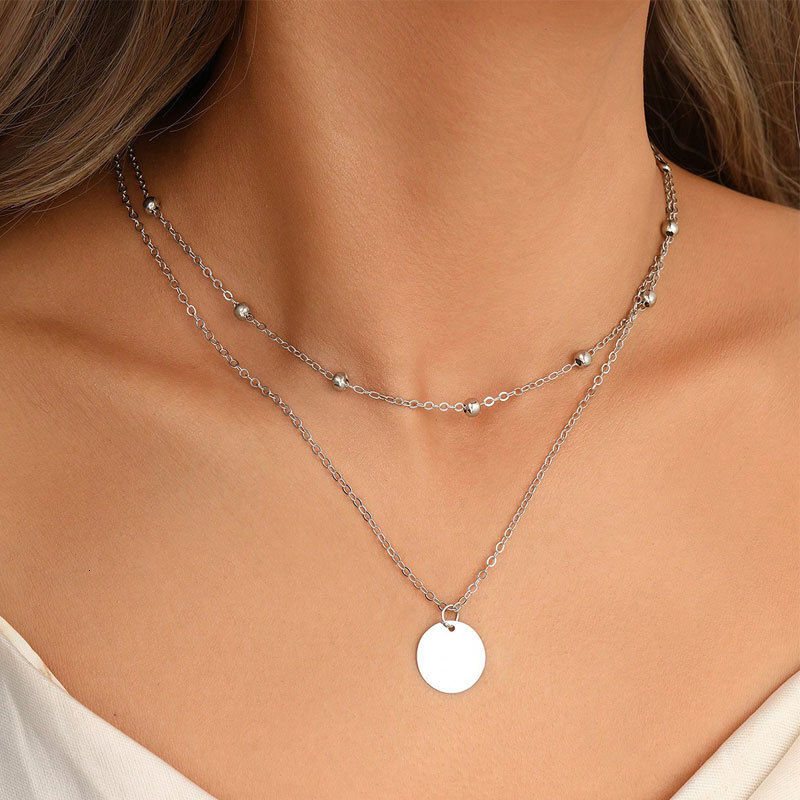 Bead Chain Double Circle Pendant Necklace Women's Multi-layer Choker Collarbone Chain Jewelry