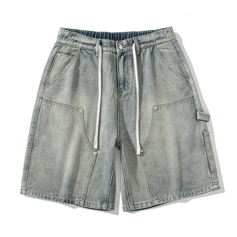 Summer high street straight denim mens retro loose casual shorts wear elastic waist cargo 250317