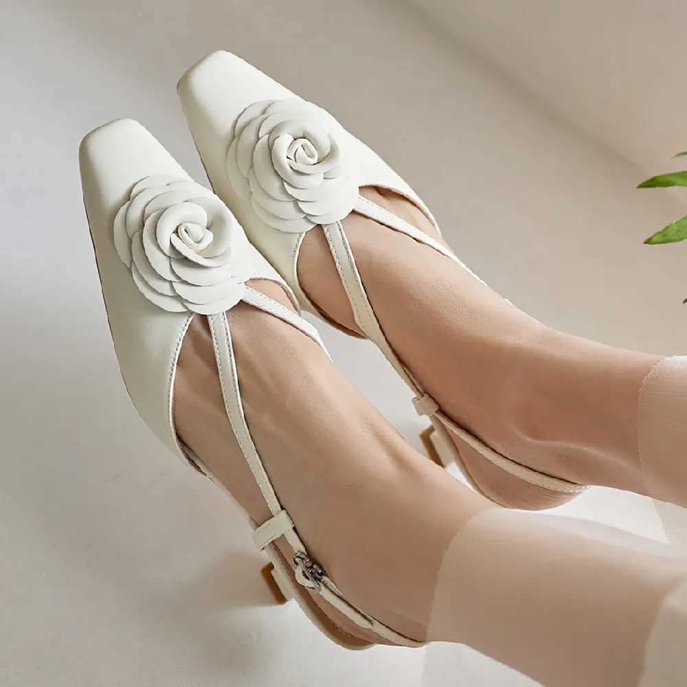 Warm leather high-heeled shoes toe slip back summer pump elegant womens slim daily dress sandals floral shoes Y250317