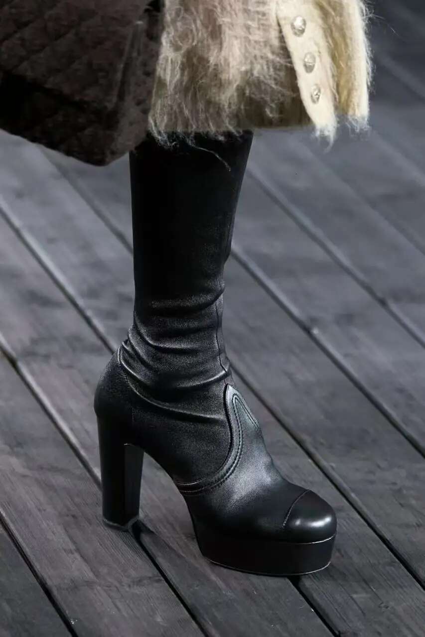 2024 Winter Runway New In Leather Platform Knee High Boots Women's Soft Black Chunky Heel Long Boot Designer Party Shoes