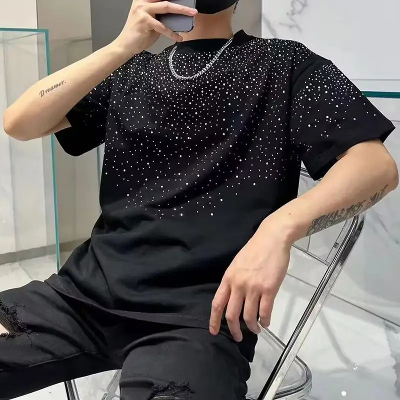 Summer Short Sleeved T-shirt Mens T-shirt Loose Round Neck Fashionable Trendy Diamond Half Sleeved Clothes 250317