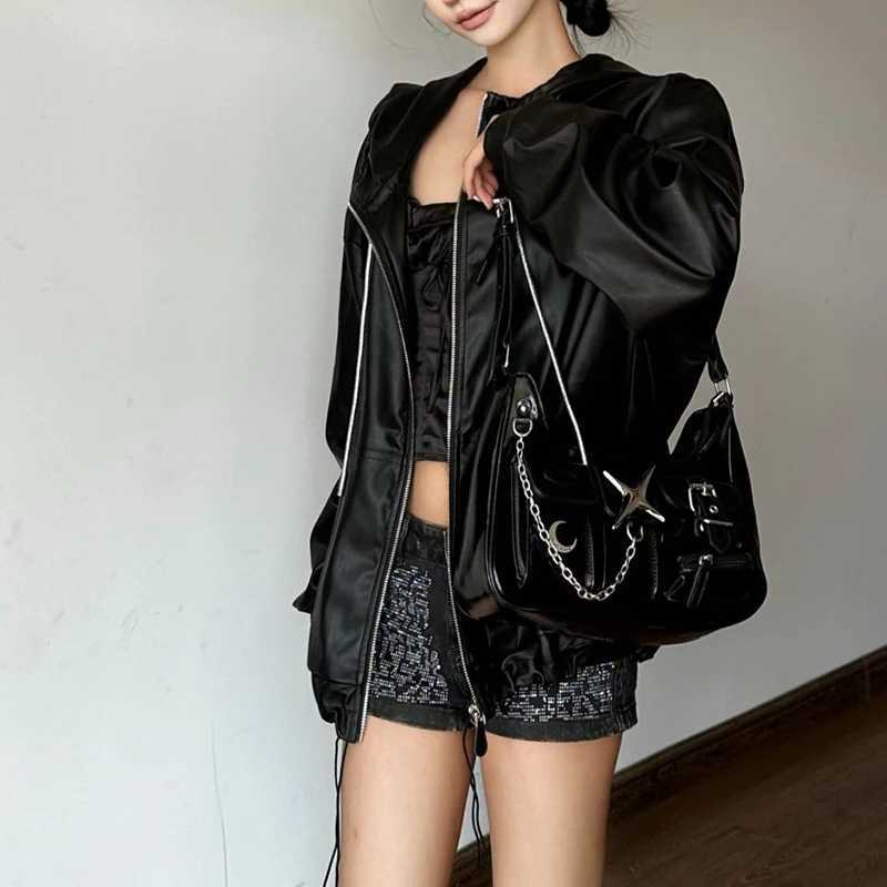 My Y2k goes to the Shoder bag Harajuku Fi Gothic casual black chain handbag hot girl Pu leather women motorcycle bag Sac Y250318