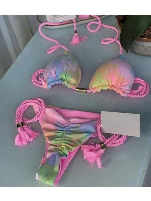 Sexy Swimwear for Women, Triangle, Two-Piece Set, Bandage, Solid Color, String, Beachwear