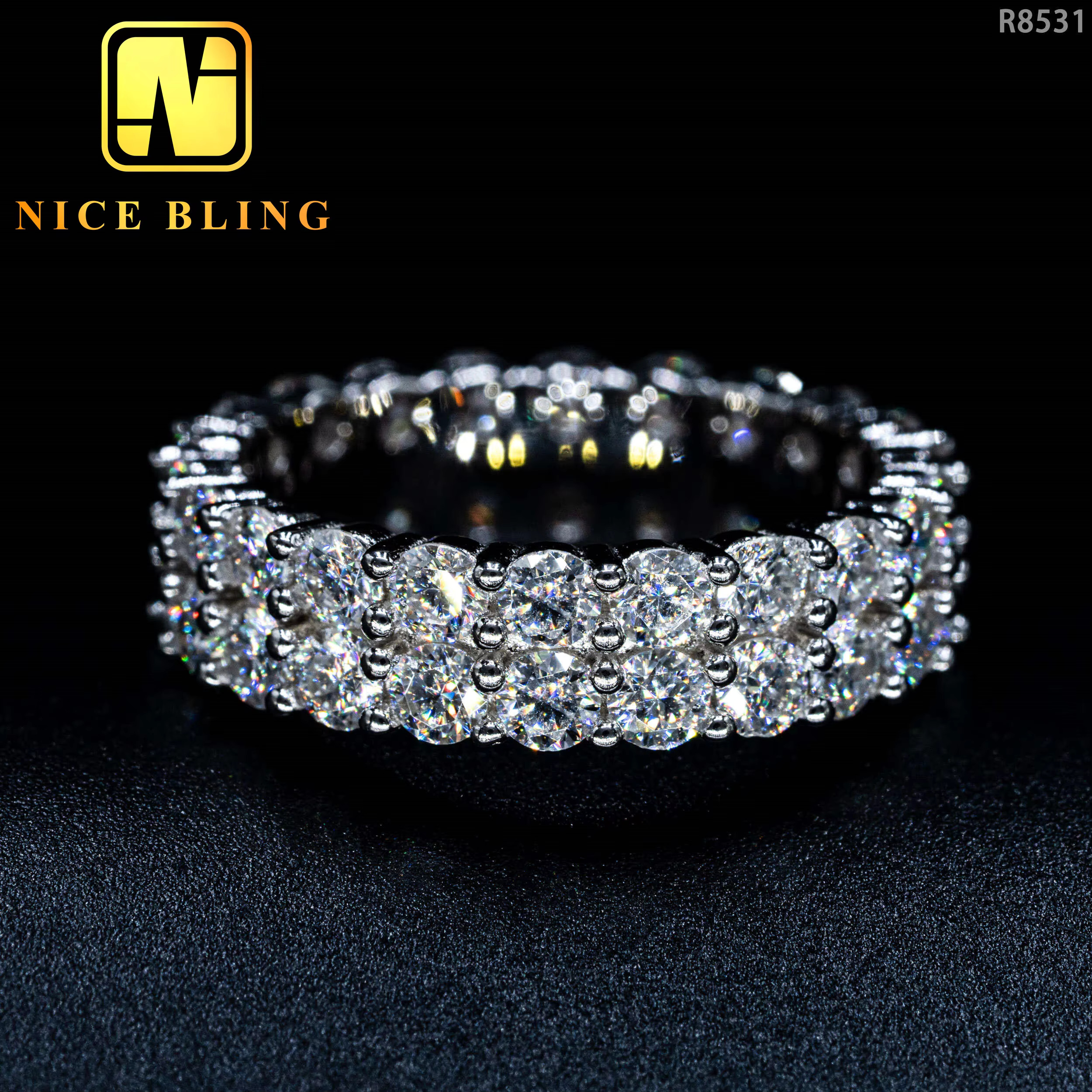 Iced Out Hip Hop Ring Jewelry Double Row VVS Moissanite Diamond Band Ring for Men