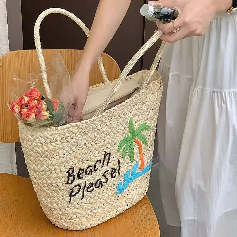 Summer Bohemia Beach Design Large Capacity Handmade Corn Husk Weaving Women's Tote Coconut Tree Embroidered Straw Bag