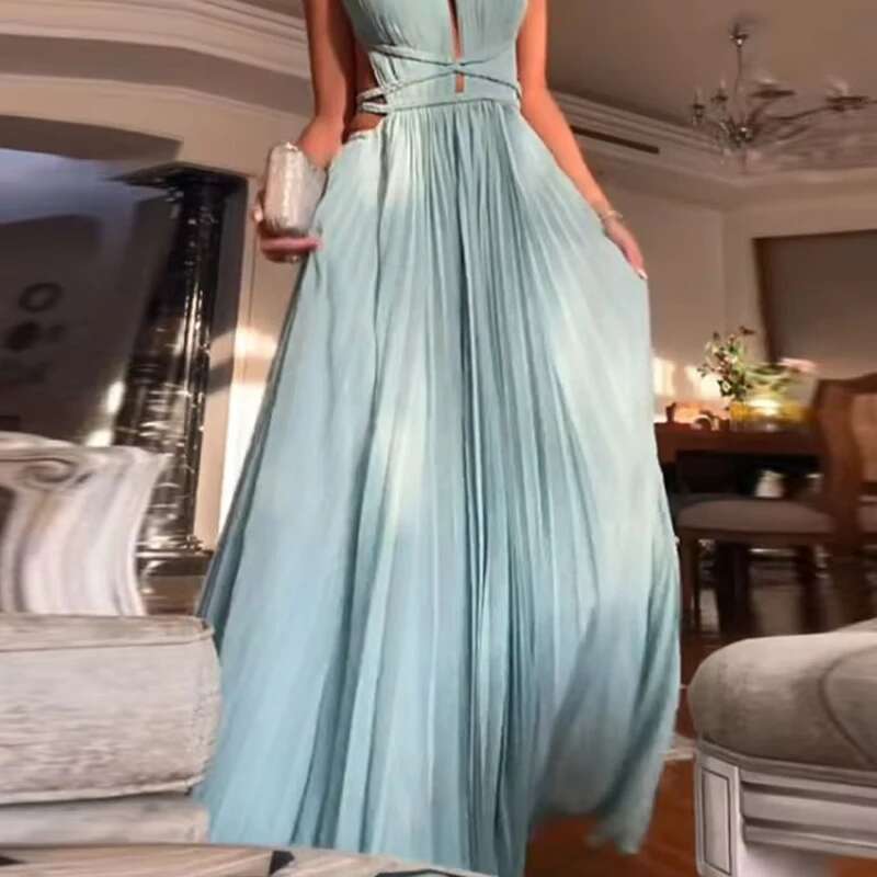 Sexy Hollow Out Backless Swing Beach Spring Summer Sleeveless Solid Party Women O-Neck High Waist Pleated Long Dress