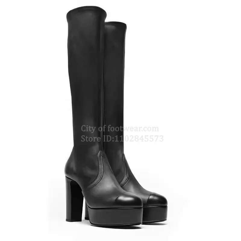 2024 Winter Runway New In Leather Platform Knee High Boots Women's Soft Black Chunky Heel Long Boot Designer Party Shoes