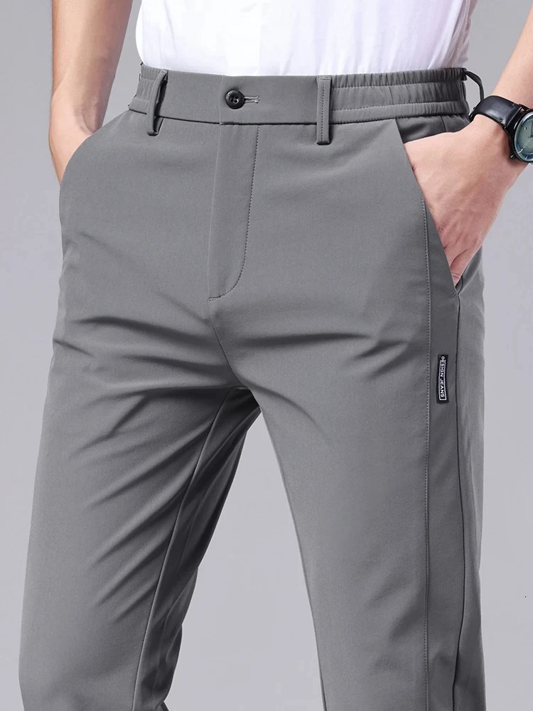 Mens casual pants semi elastic waistband nylon ice silk elastic straight tube light gray business gentleman summer casual 250318