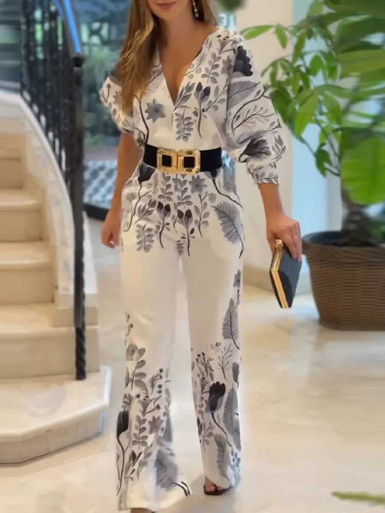 Deioao Female V Neck Slim Vintage Print Rompers Chic Women Summer Backless Party Jumpsuits Casual Floral Long Pants Strt Wear X250318
