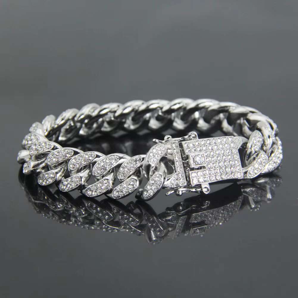 Fine jewelry gold-plated thick curb pearl crystal Cuban chain bracelet