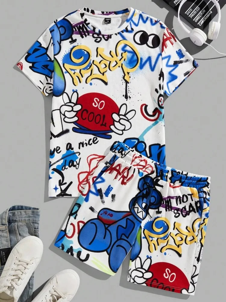 Cartoon Flower Print Summer Mens Short Sleeve Shorts Set Everyday Casual Mens T-shirt Outdoor Sports Mens Beach Shorts 250318
