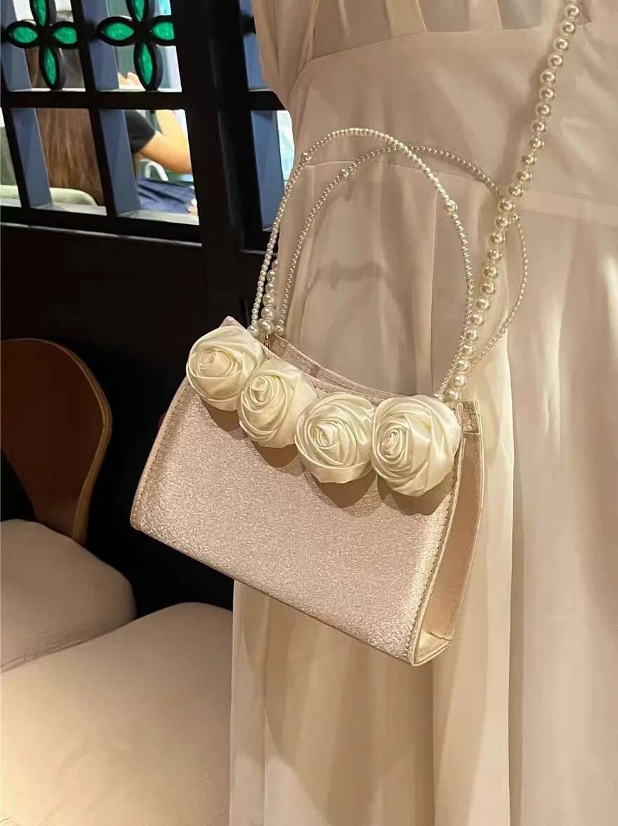 Women's Handbag Satin Rose Ral Handmade Square Fashion Pear Beading Evening Wedding Party Clutch Purse Crossbody Bag