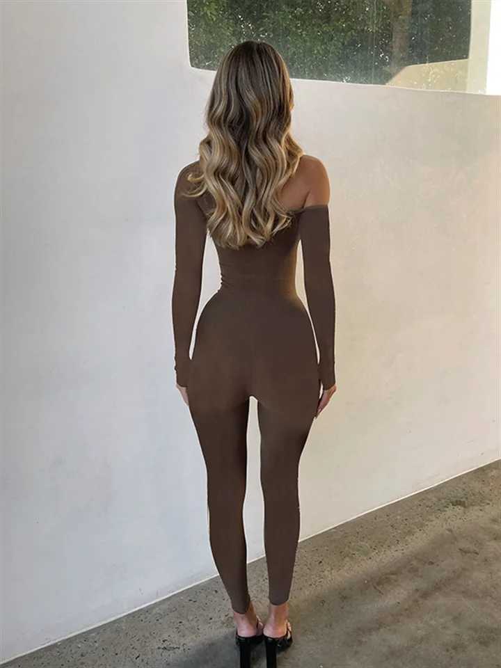 Closure Incline Shoulder Women Jumpsuits Solid Sexy Hollow Cleavage Full Sleeve Skinny Overalls Female Trend Attractive One Piece X250318