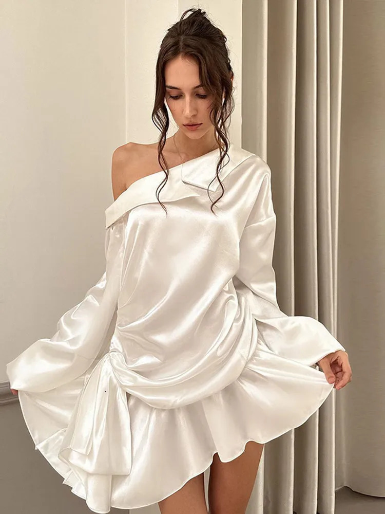Elegant womens collar sloping shoulder puff long sleeved mini dress chic lace pleated leather fashionable street vest 250314