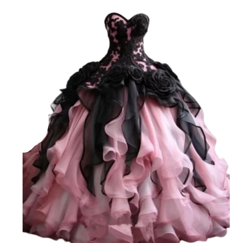 Ruffles Black And Pink Ball Gown Prom Dresses Sweetheart Neckline Sleeveless Floor Length Boutique Special Occasion Gown Back Lace-up Vintage Evening 