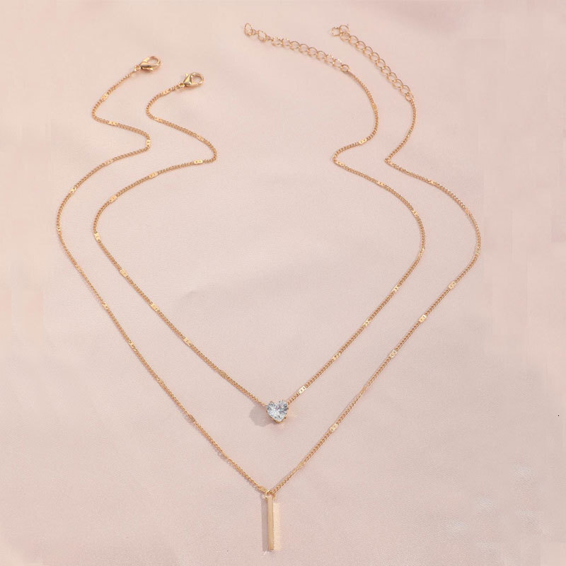 Crystal Zircon Love Long Double Pendant Necklace Women Simple Everything Choker Jewelry