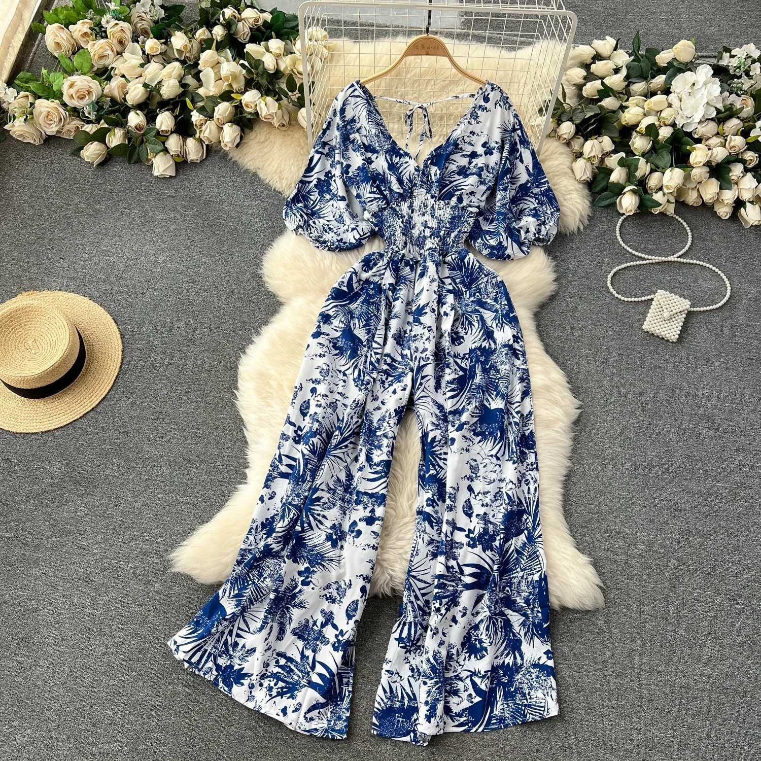 Summer Womens Sexy V-neck Puff Slve Printed Womens jumpsuit Black/Red/Blue/Yellow Wide Leg jumpsuit Resort Beach New Fashion X250318