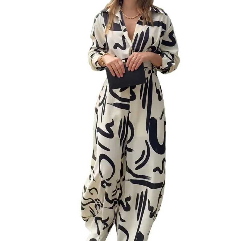 Spring Autumn Black White Print Jumpsuits Women Long Slve V-neck High Waist Wide Leg Jumpsuit Fashion Lady Commuting Clothing X250318